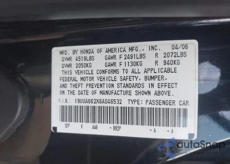 2006 Acura Tl z USA, uszkodzony, nr VIN 19UUA662X6A046532